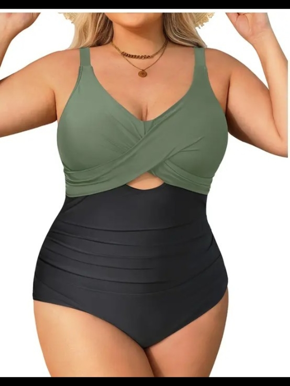 Plus Size Olive Green & Black One-Piece Swimsuit - Supportive Crossover Front